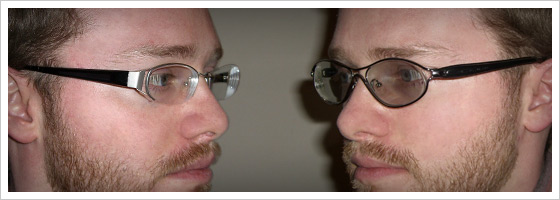 Two photos of Jared sporting his new glasses